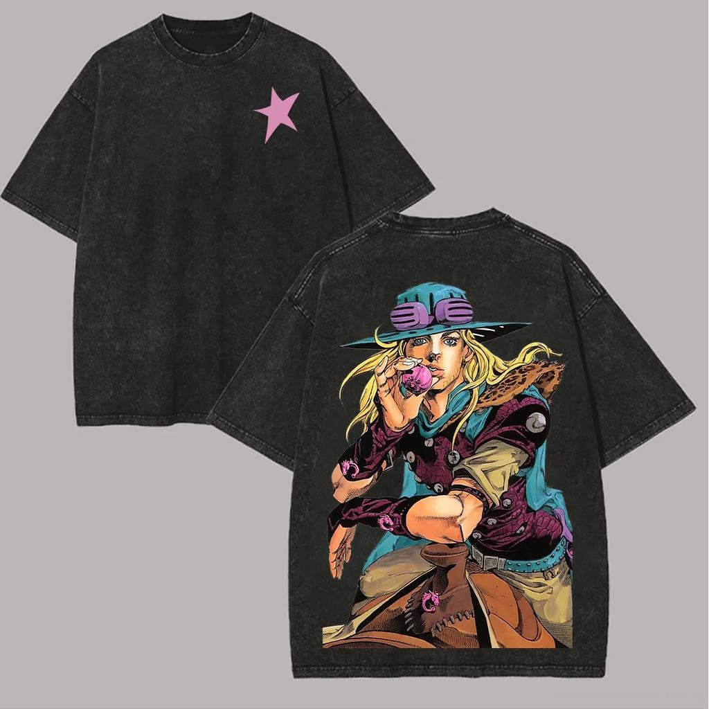 Harajuku Anime JoJo's Bizarre Adventure T Shirt Gothic Washed Oversized T-shirt Summer Pure Cotton Tees Tops Men Unisex Clothing