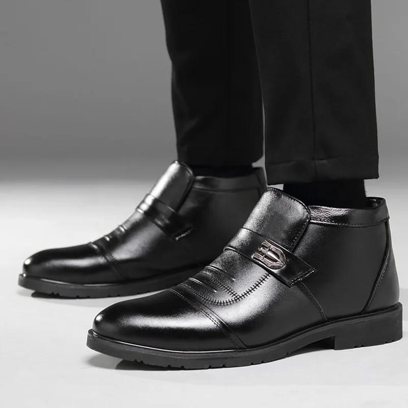 High Quality Black Leather Winter Thick Plush Warm MEN'S Ankle Snow Boots Fashion Style Business Dress Male Shoes Party Footwear