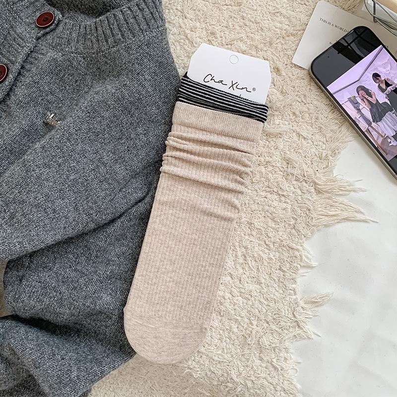 Women's Japanese Style Ribbed Stripe Mid-Calf Socks - Grey Patchwork Fake Two-Piece for Spring/Autumn Versatile Girly Fashion