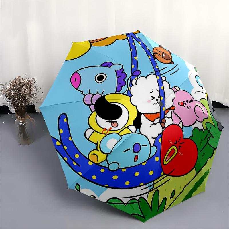 1pc Outdoor Umbrella with BT21 Characters - Automatic Opening/Closing, Portable 3-Fold Design, 8-Bone Iron Frame, Perfect Gift for Fans, Traveler