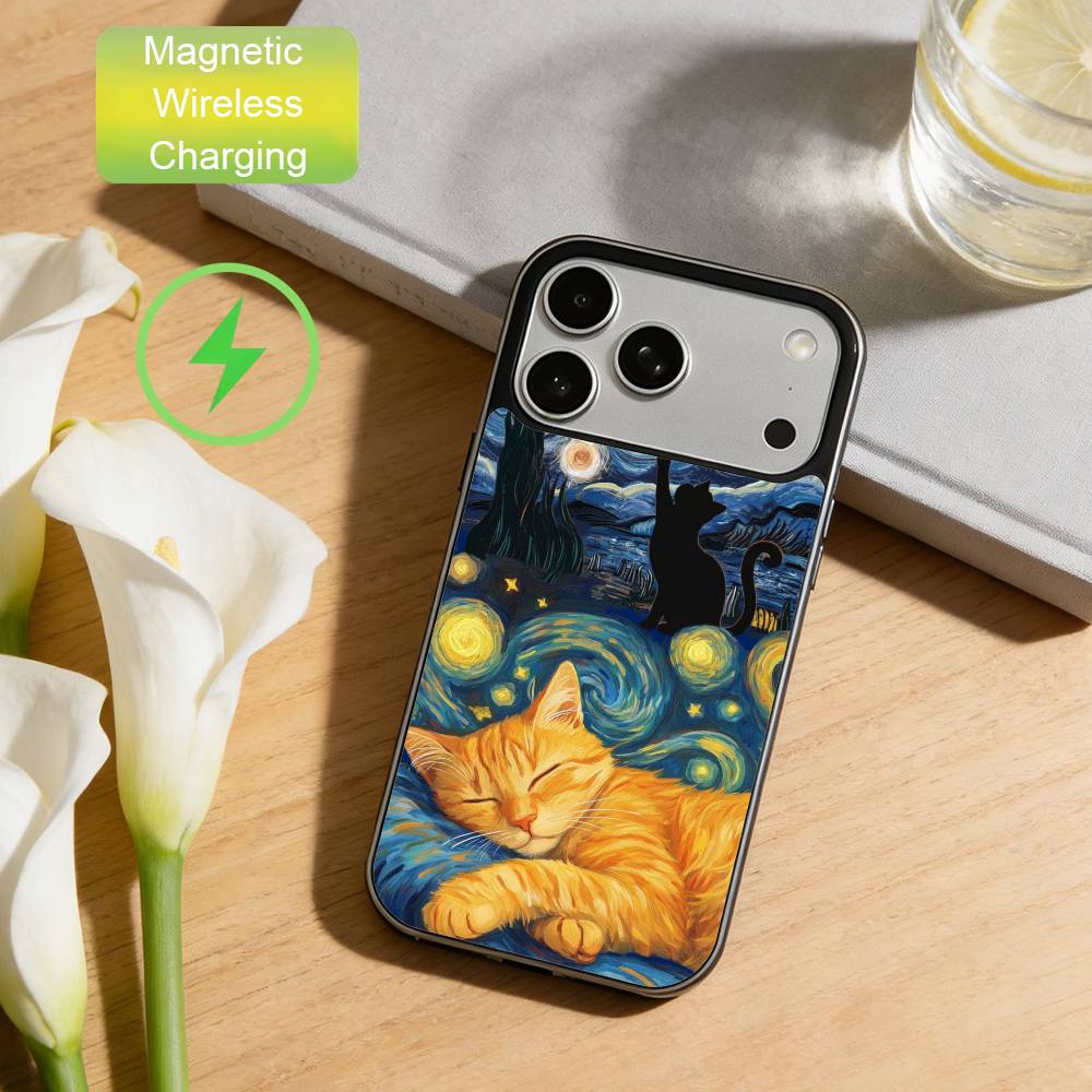 

Art Oil Painting Cat Phone Case For iPhone17,16,15,14,13,12,11 Max Black Wireless Charging Protecitve Cover iPhone16