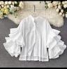 Stylish Shirt Women's Layered Ruffled Flared Sleeve Shirts Loose Stand-up Collar Tops