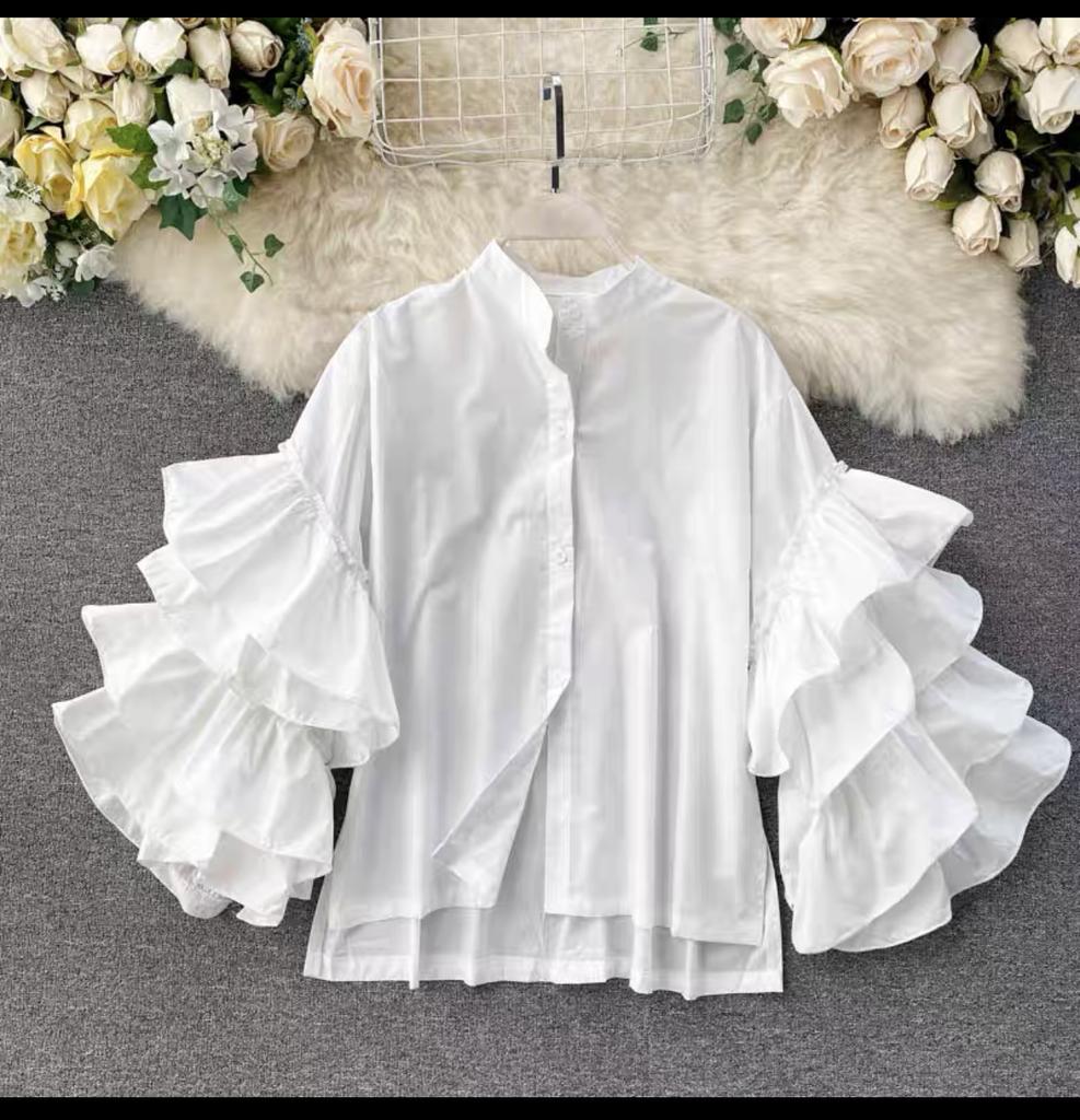 Stylish Shirt Women's Layered Ruffled Flared Sleeve Shirts Loose Stand-up Collar Tops