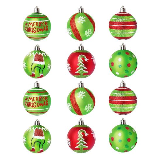 12 Pcs 2.4 Inch Christmas Ball Ornaments Glittering Red Green Plastic Hanging Balls Swirl Candy Cane Elf Balls Xmas Tree Pendants