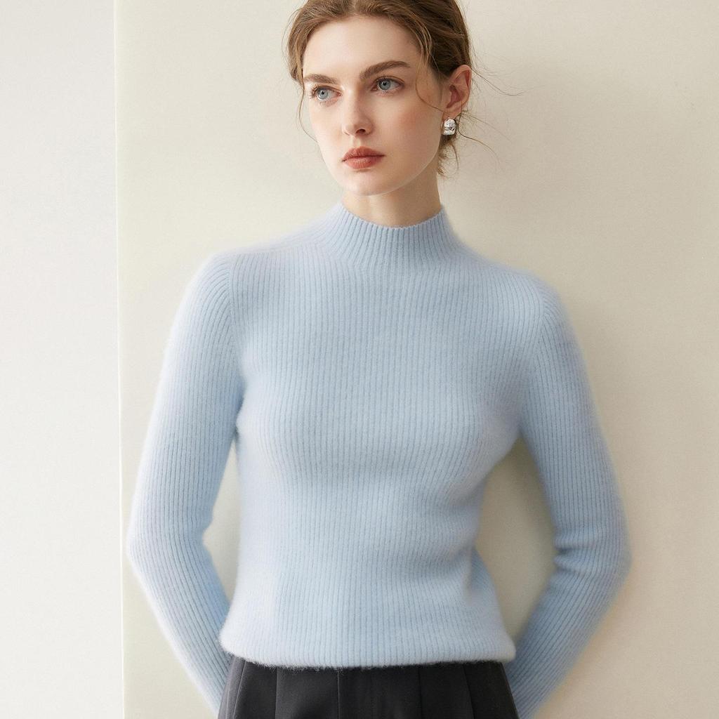 Women's Slim Fit Ribbed Cashmere Sweater - Half-High Neck