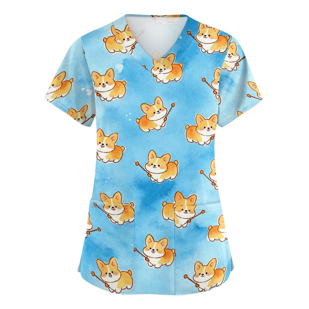Top da Lavoro da Donna con Scollo a V e Maniche Corte con Tasche, Stampa Animalier, Camice Medico per Professionisti Sanitari, Uniforme da Infermiere