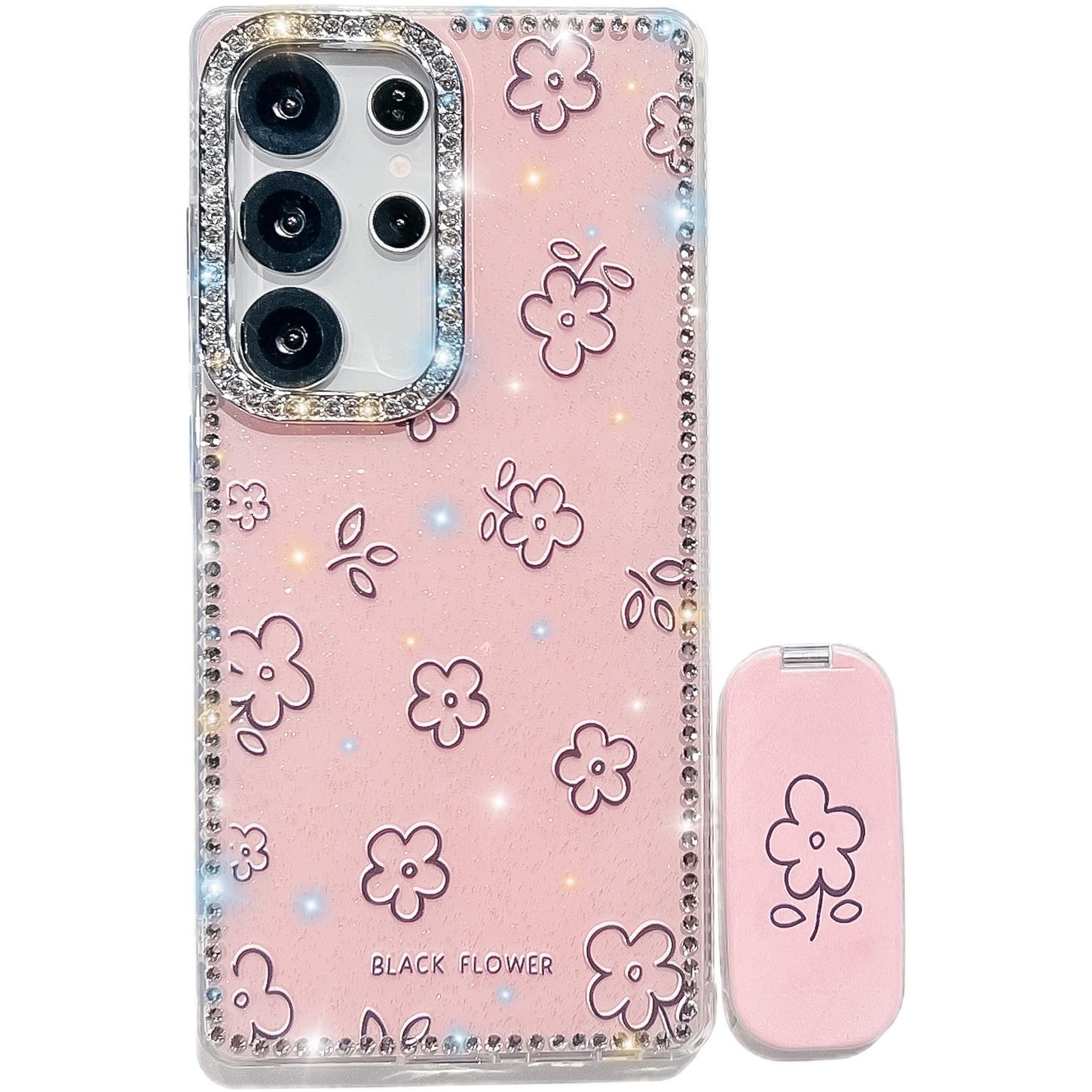 

For Samsung Galaxy S25 Ultra Case with Straight Mirror Kickstand Rhinestone Edge Flower TPU+PC IMD Phone Cover F4