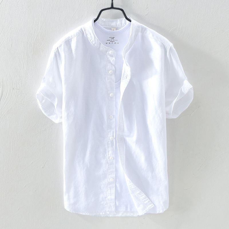 Men's Retro Japanese Linen White Lapel Short Sleeve Shirt