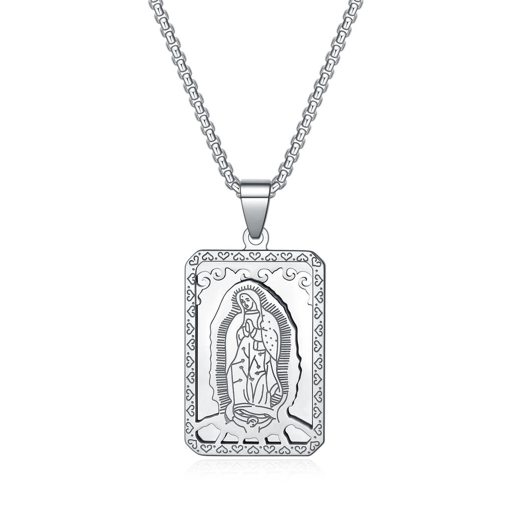 Stainless Steel Vintage Virgin Mary Pendant Believer Necklace, Men'S Religious Prayer Pendant Necklace