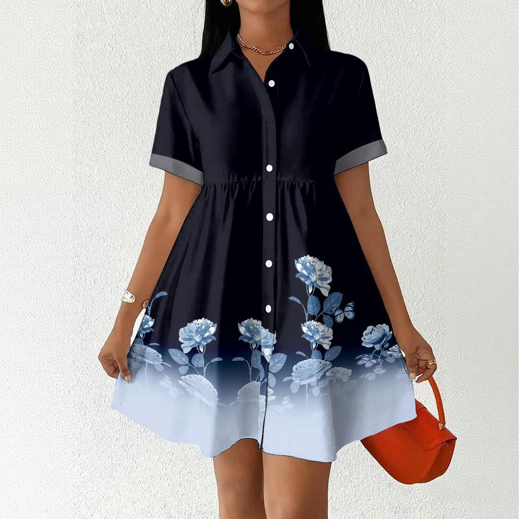 Women’s Casual Loose Fit Shirt Dress Button Front Stand Collar Short Sleeve Relaxed Tunic Dress with Geometric Print