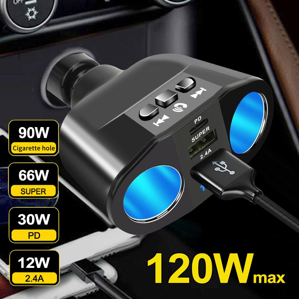 Car Cigarette Lighter Splitter Charger PD+Dual USB Quick Charge Socket FM Transmitters V5.0 Bluetooth Hands-free Call U-disk AUX
