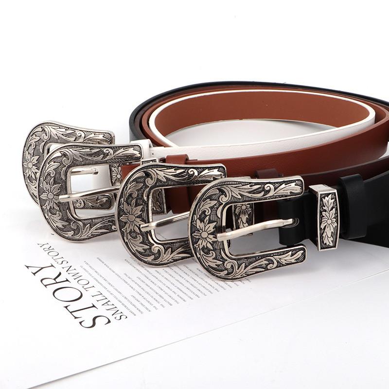 Pu Waistband Leather With Metal Pin Buckle And Carving Design Womens For