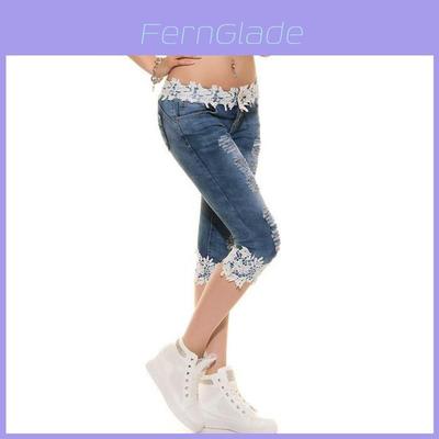 Stylish Women Jeans Lace Elastic Casual Big Size Cowboy Denim Shorts For Daily Wear