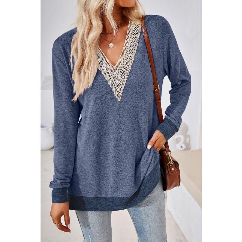 Herbst und Winter Damenbluse mit V-Ausschnitt, Spitze, einfarbig, lockere Langarm-Tops