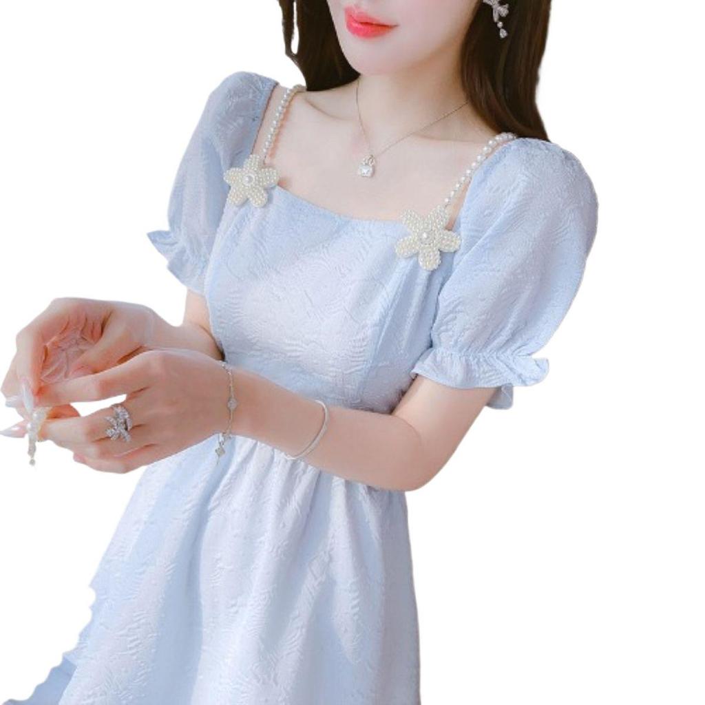 Women's Elegant French Style Puff Sleeve Slimming Short Dress - Summer 2025