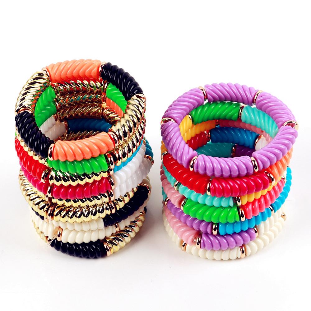 Bohemain Acrylic Twist Bamboo Stack Elastic Bracelets for Women Men 2025 Colorful Resin Tube Beads Bracelet Bangle Jewelry Gift