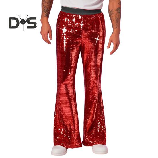 Men's Sequin Flared Trousers Shiny Hip-Hop Disco Pants Elastic Waist Retro Wide Leg Pants for Stage Performance Night Club Bar Dance