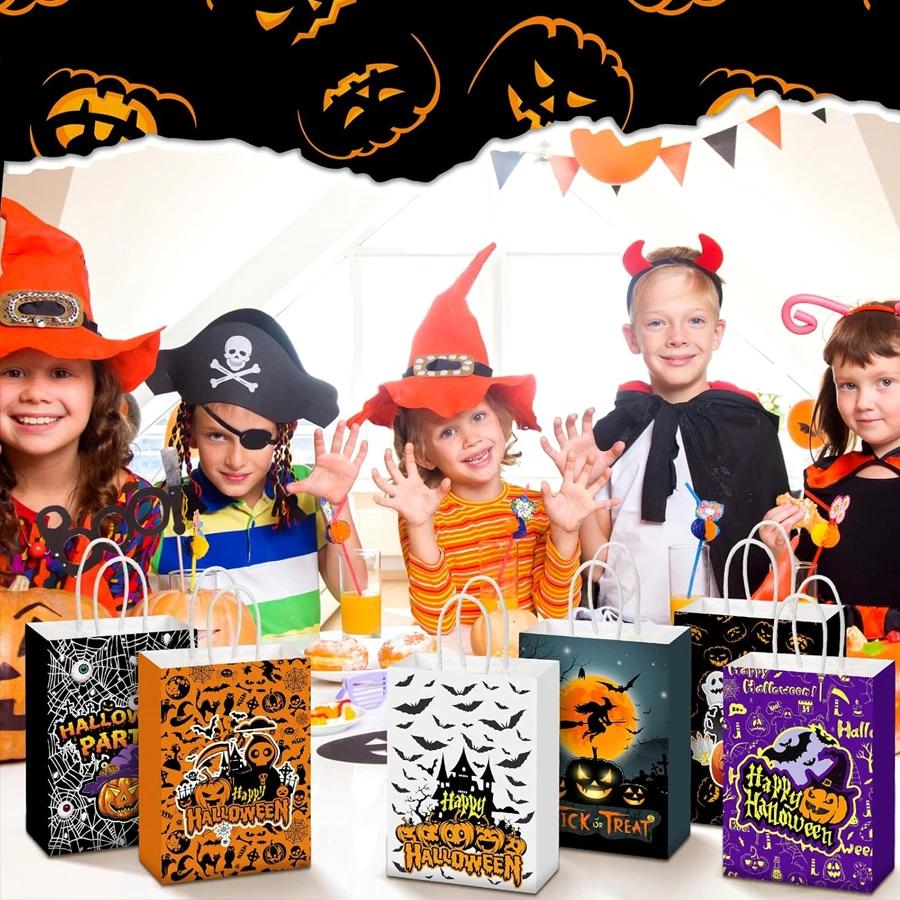 Halloween Paper Gift Bags Trick or Treat Candy Packaging Bags Pumpkin Witch Spider Print Bags Halloween Party Decor Supplies