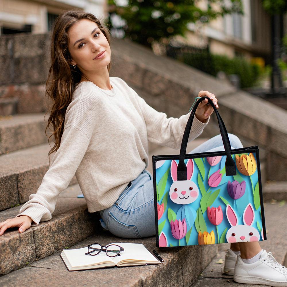  Cute Rabbit Tulip Printed Tote Bag Casual Large Capacity Portable Daily Shopping Handbag