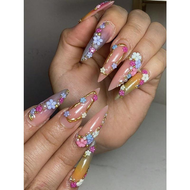 12 Grids/box Colorful Mini Flower Nail Charms 3D Acrylic Floral Nail Art With Pearls Golden Silvery Nail Beads Nail Decoration For Manicures