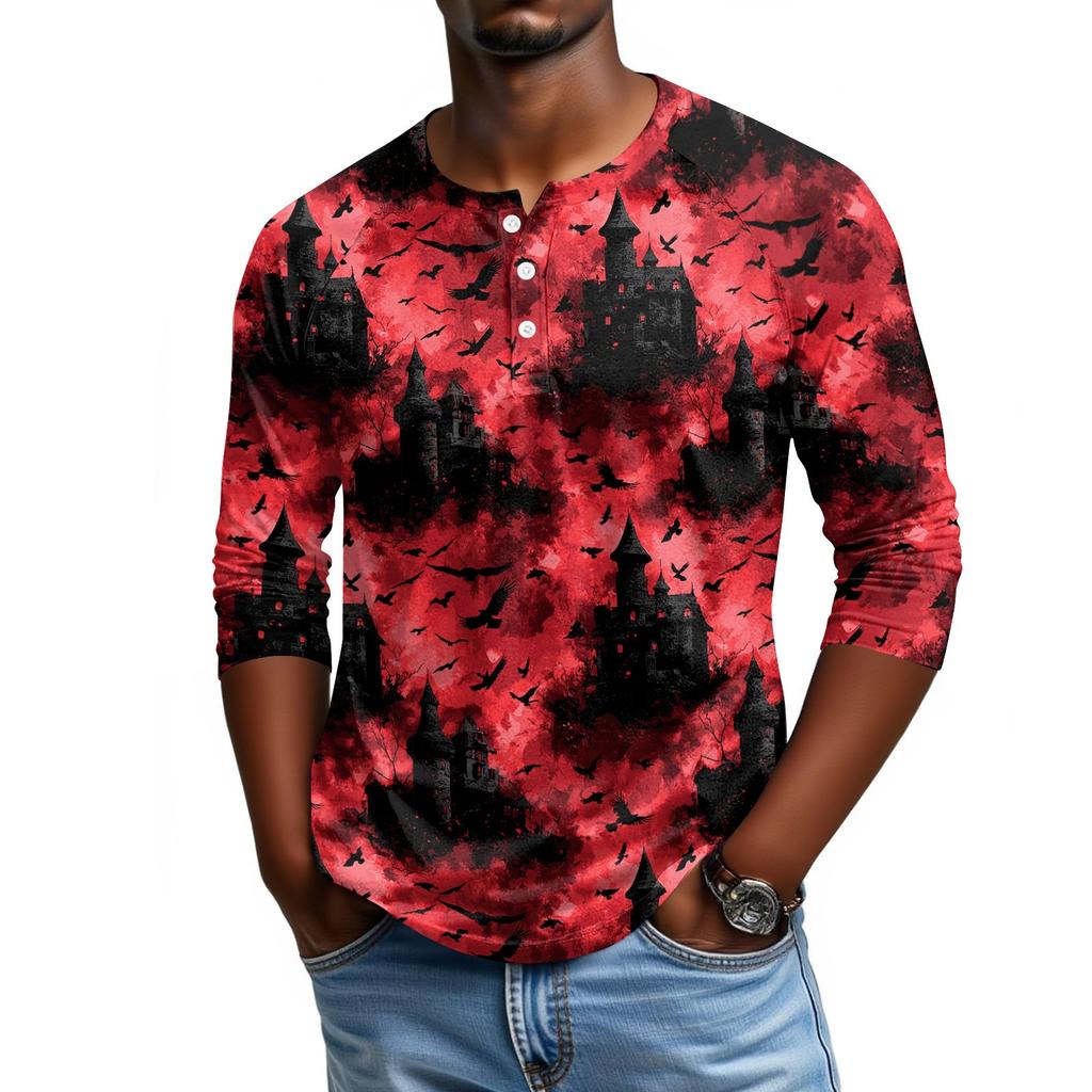 Men's Casual Halloween Print Henley Shirt Three Quarter Sleeve Raglan Top Lightweight Breathable Fabric Comfortable Fit