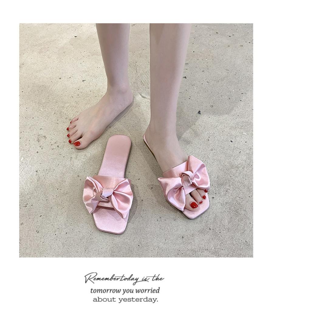 Silk Fabric Bow, Flat Bottomed Slippers, Breathable Casual Women's Shoes, Lightweight Cool Slippers