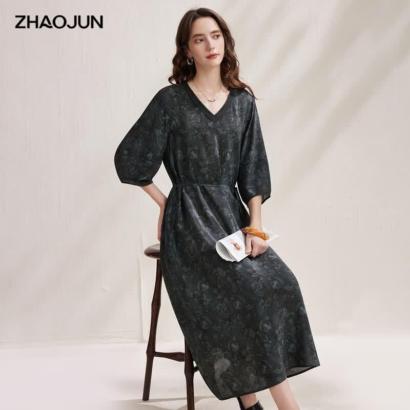 

Zhaojun Women s Silk Crepe de Chine Printed Seven-Sleeve Midi Dress L