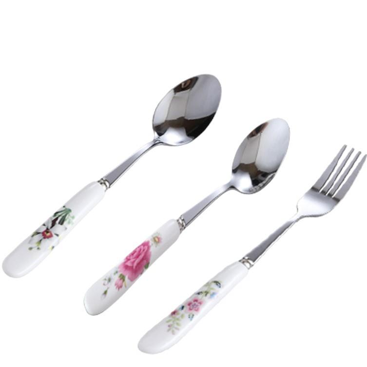 Floral ceramic handle fork rice spoon tableware stainless steel soup coffee ice spoon dessert household mixing spoon 5pcs
