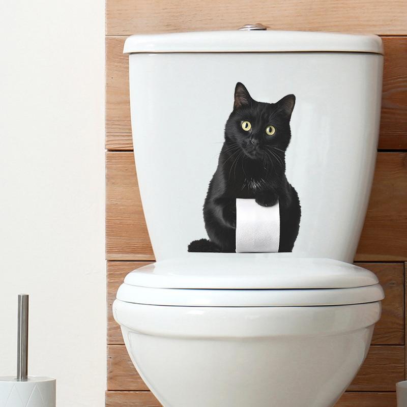 Black Bathroom Sticker Self-Adhesive Toilet Decoration Cute Kitten Toilet Stickers Pvc Film Wall Toilet Bathtub