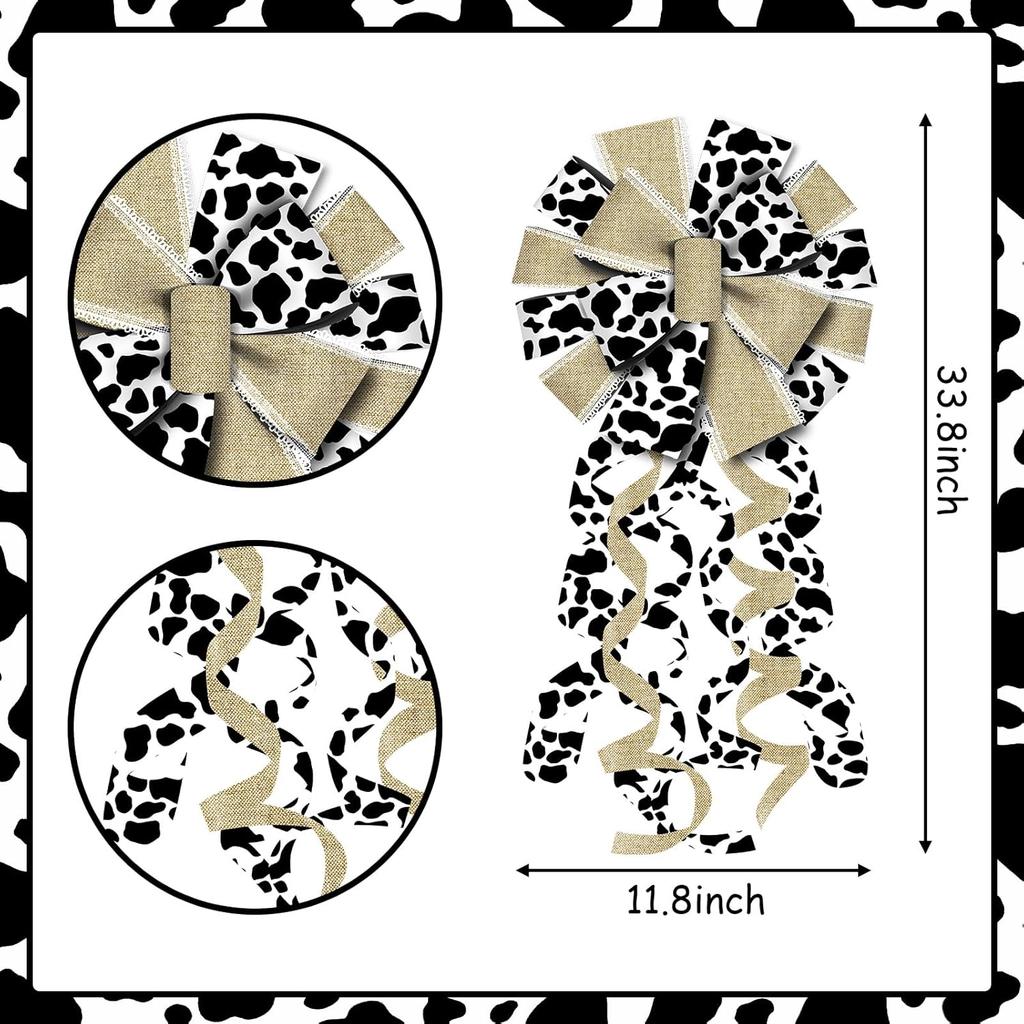 Cow Print Christmas Tree Topper Bow, Rustic Cow Farmhouse Ox Christmas Wreath Bow, Black and White Decorative Large Gift Bow, Xmas Hanging Ornament