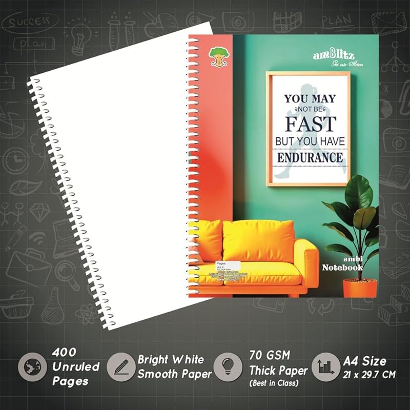 

amblitz Spiral Notebook | Unruled | 400 Pages | 70GSM Thick Paper | Size A4 (21 X 29.7 CM) | 21*29.7 cm