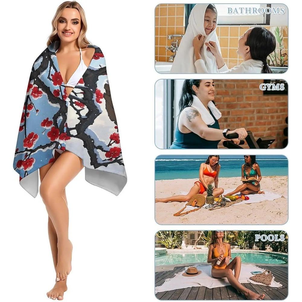 Artistic Winter Plum Blossom Beach Towel, Ink Floral Quick Dry Absorbent, Lightweight Sand Free Travel Pool Spa Essentials