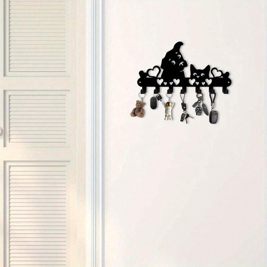 Metal Cat Dog Key Hooks 7 Hooks Decorative Wall Mounted Entryway Decor