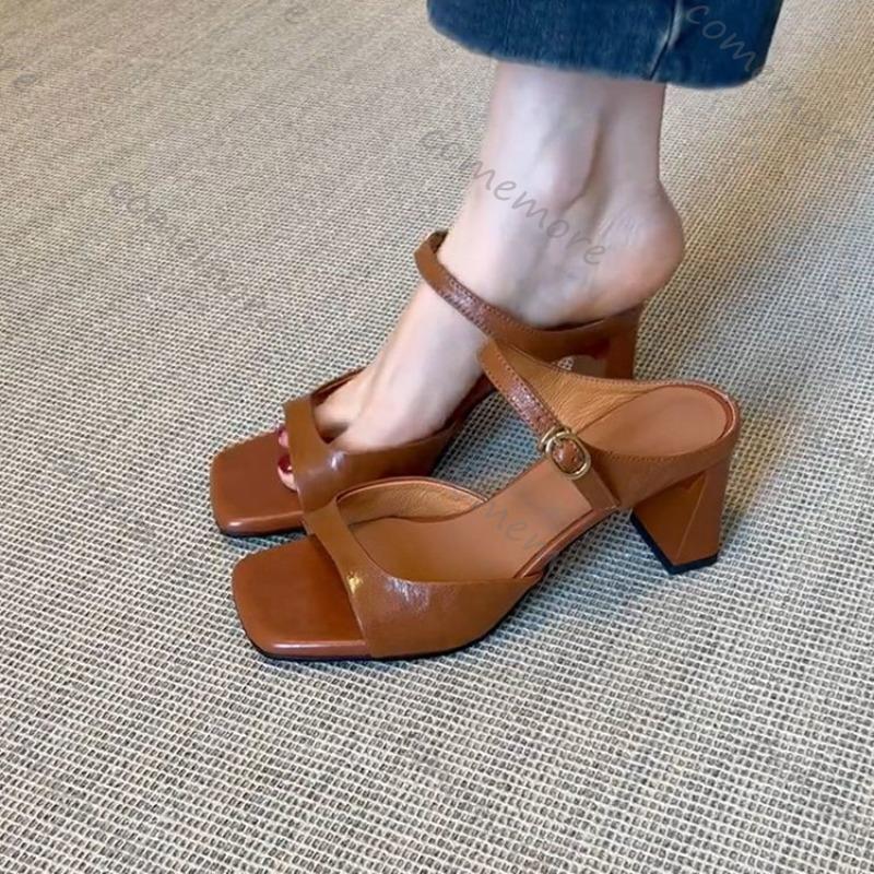 Fashion Comemore Women Summer Square Head Slippers Fashion Open Toe Chunky Heel Sandals Ladies Elegant Banquet Party Dress High Heels