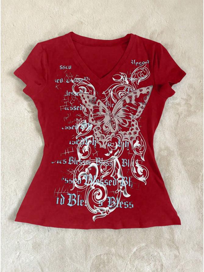 

Ретро Винтаж Потертый Бабочка V-образный вырез Облегающий Принт Укороченный Топ Small красный