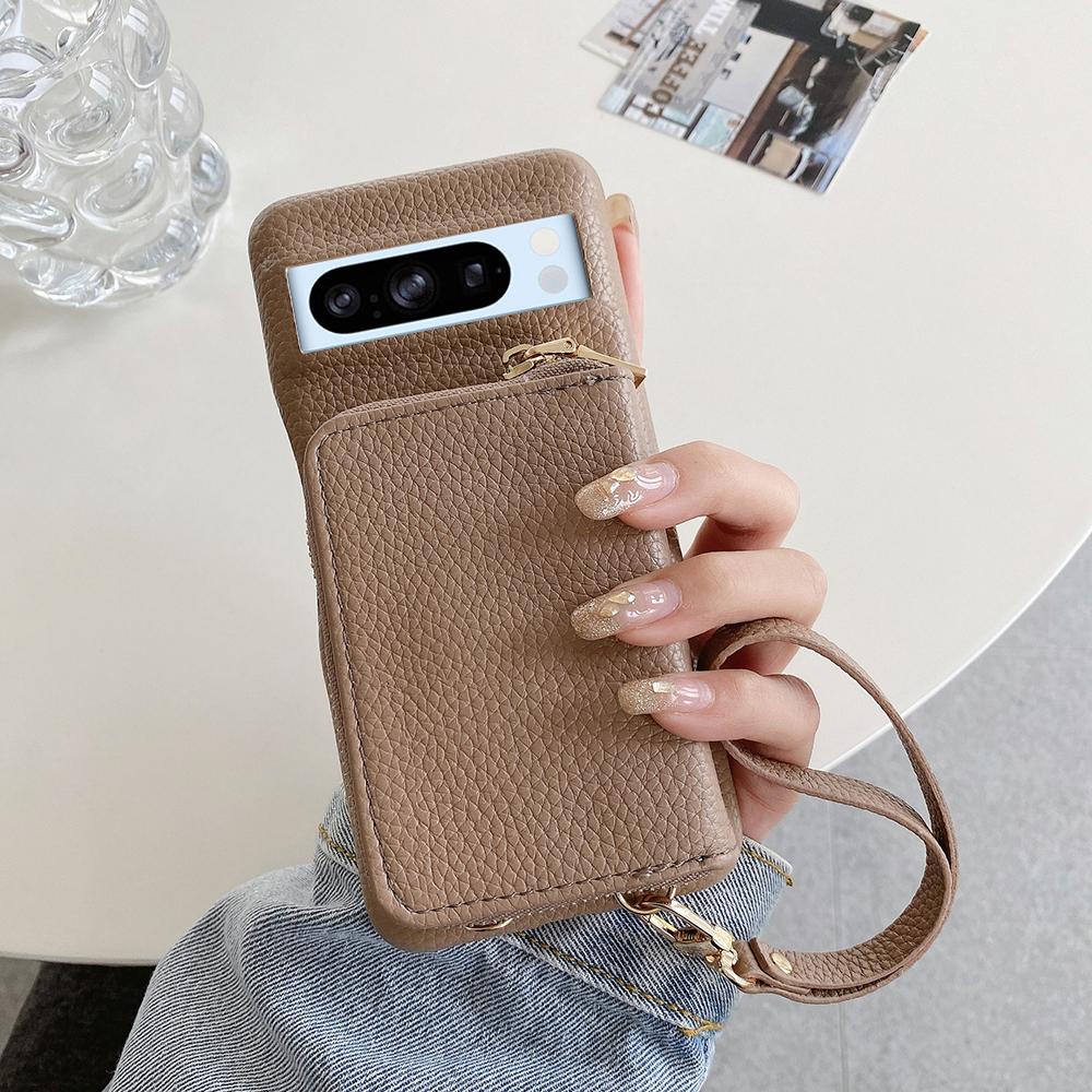For Google Pixel 8 Pro Case Zipper Card Slots PU Leather Phone Back Cover with Wrist Strap