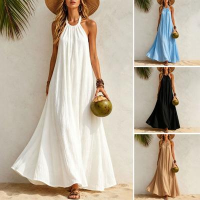 Women Halter Neck Maxi Linen Dress, Sleeveless A-Line Loose Casual Long Dress, Summer Flowy Vacation Beach Sundress