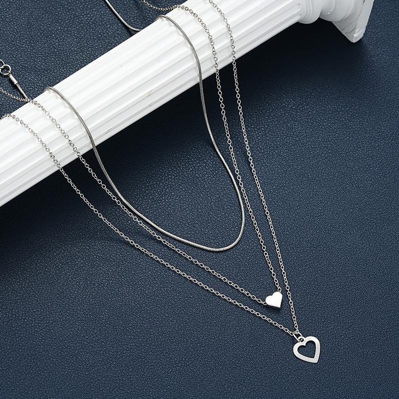 Silver Color Double Love Pendant Multi-layer Necklace For Women Three-piece Set Fashion Daily Accessory Jewelry Birthday Gifts