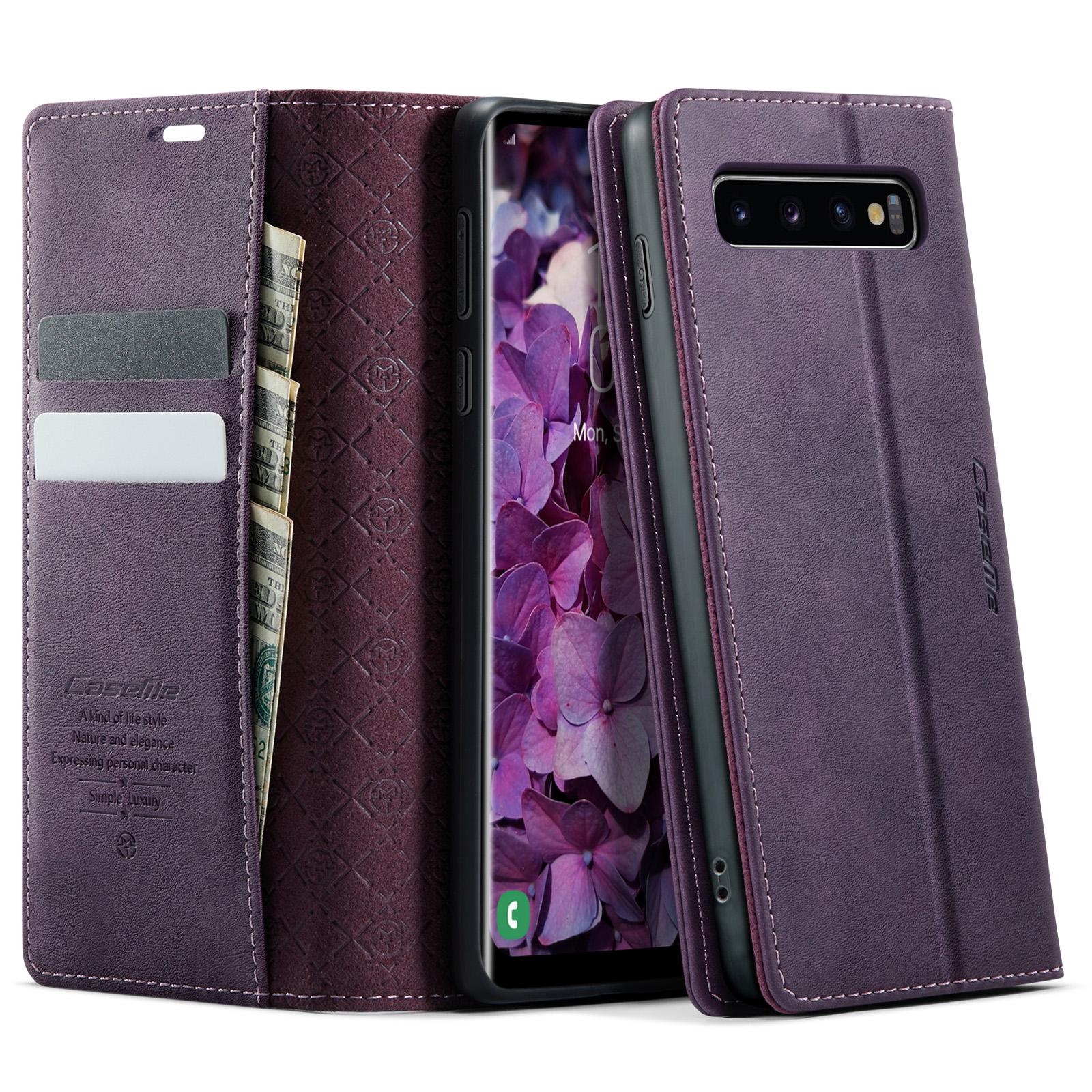 

For Samsung Galaxy S10 Case CASEME 033 Series RFID Blocking Wallet Stand Calf Texture Leather Phone Cover Purple
