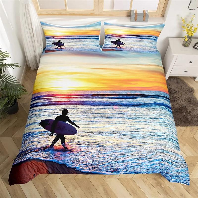 Luxury Sunset Surfing Duvet Cover for Teens Boys Girls Adults Summer Beach Theme Bedding Queen King Size Gift
