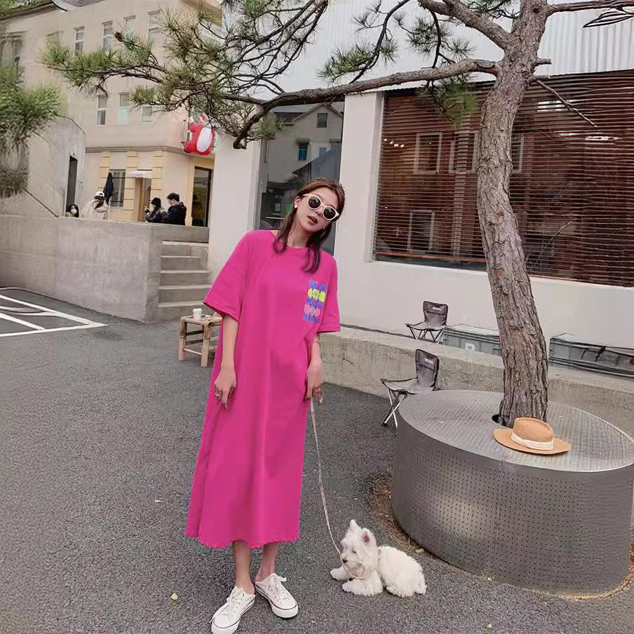 Fat mm summer clothes new lazy long short sleeves loose knee large size dress 100kg long skirt T-shirt skirt