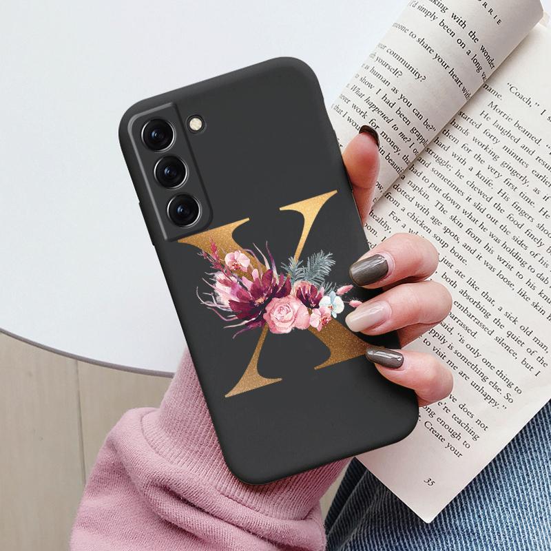 For Samsung Galaxy S22 S 22 Plus Case Flower Gold Letter A Z Soft Silicone Phone Cover For Samsung S22 Ultra Bumper S22+ Shell