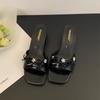 French Medium Heel Open-toed Cool Slippers Outer Wear Women's Shoes 2025 New Summer Rhinestone Bow Thick Heel One-word Drag