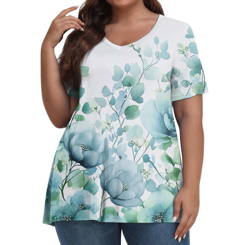 Γυναικείες μπλούζες σε πλεονάζον μέγεθος Σορτς μανίκια πουκάμισα V λαιμόκοψη Casual ρούχα Μπλούζες με στάμπες