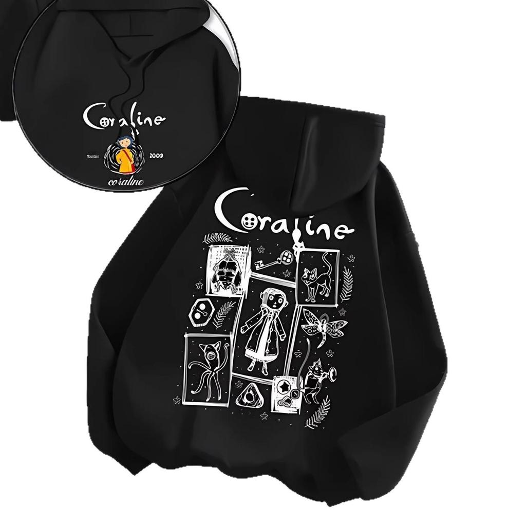 Women's Retro Coraline Hoodie with Double-Sided Print and Drop Shoulder Design