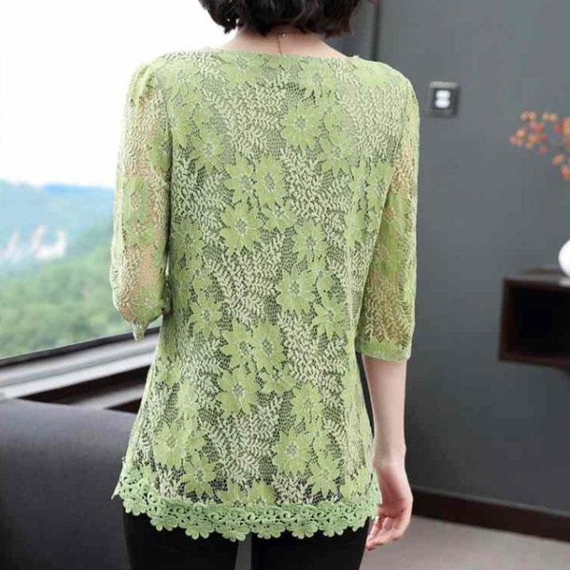 Lace Shirt Top Women's Three-quarter Sleeve Summer Hollow Large Size Mid Length Lace Blouse Solid Color Mesh Top