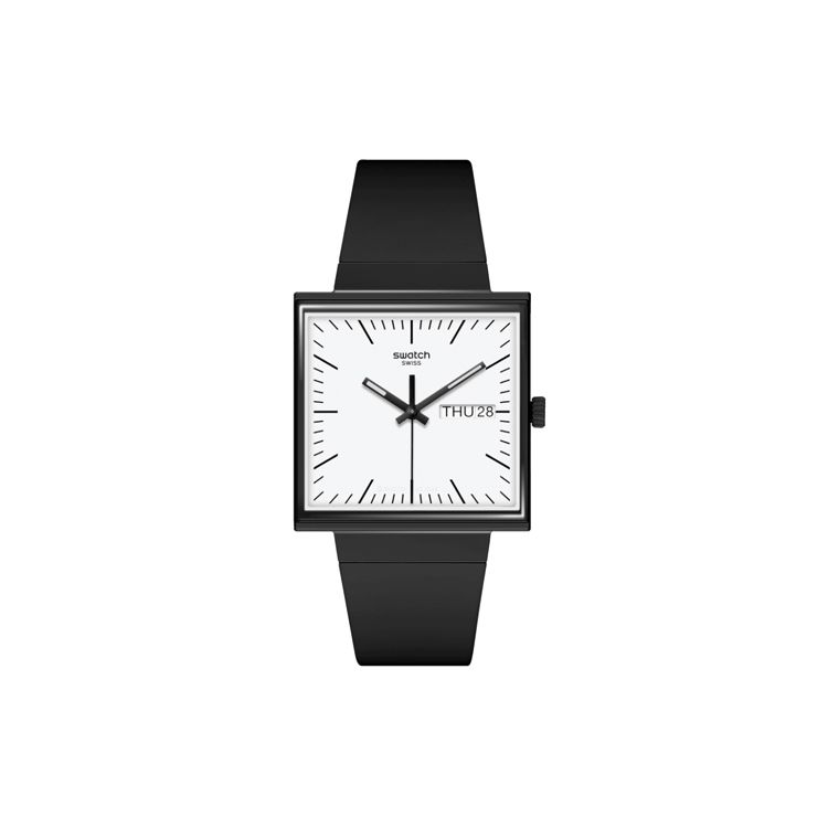 Swatch Bioceramic What If? Collection Quartz Watch 20m Water Resistant 33.25mm White Dial Plant-Based Ceramic Case Unisex watches SO34B700 Black