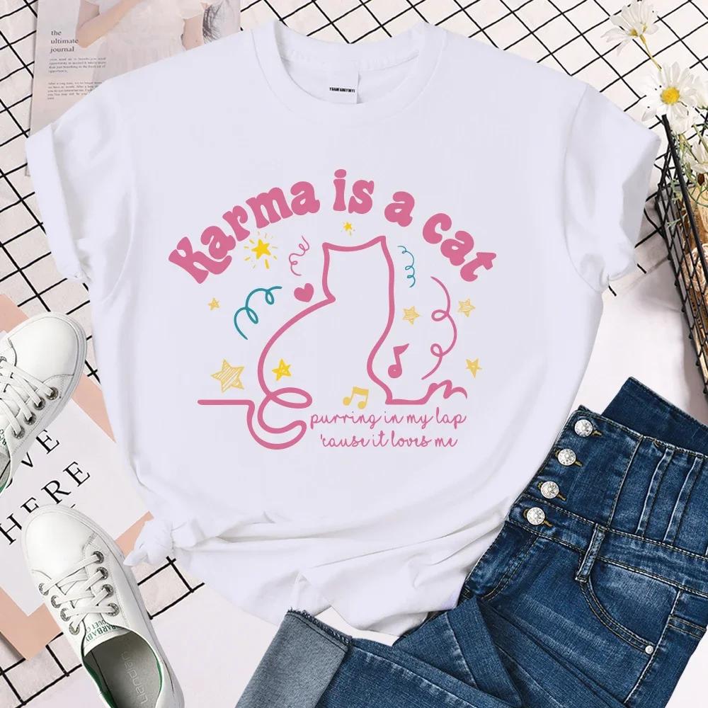 Karma Is A Cat T Shirt Midnights Retro T-Shirt Meet Me At Midnight Shirt Cute Cat Shirt Women Clothes Summer Tees Fans Gift