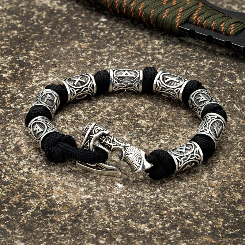 Men Viking Celtic Rune Beads Axe Bracelet Odin Symbol Scandinavian Metal Lanyard Handmade Woven Paracord Norse Amulet Jewelry