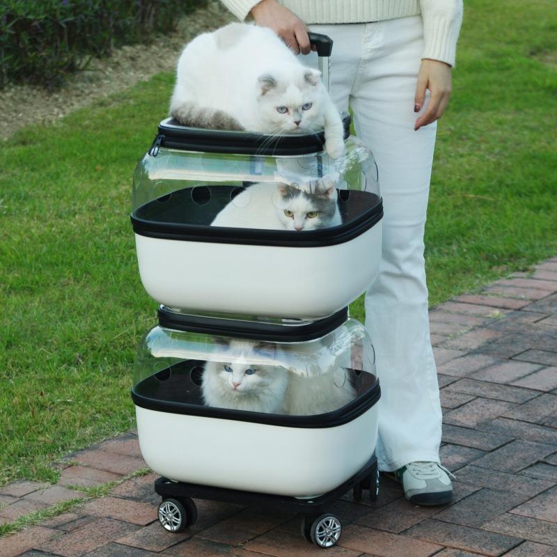 Double Layer Outdoor Cat Trolley Bag Wheels Carrier Transparent Cats Strollers 2 Cats Cheap Breathable Pet Supplies Portable